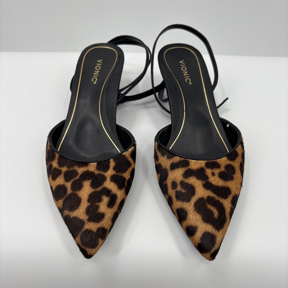 Vionic Leopard Calf Hair Pointed Toe Slingback Ankle Strap Kitten Heels Womens 9 - Picture 2 of 7